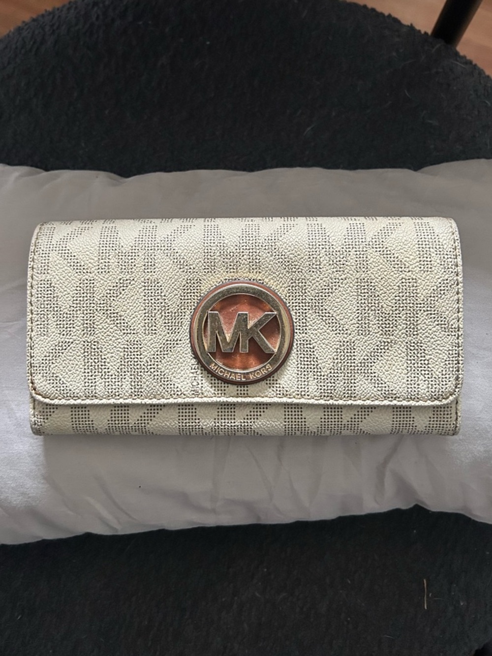 Michael Kors Ivory Logo Continental Wallet with Gold MK Emblem